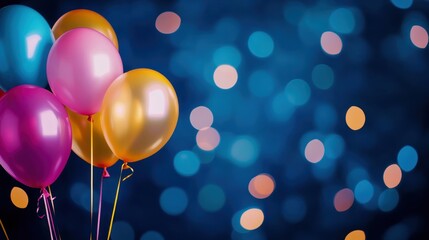 Colorful balloons float against a dreamy blue background, perfect for celebration and festive occasions.
