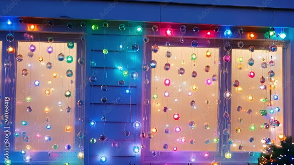 Poster strings of colorful christmas lights are hanging in front of residential home windows, creating a fe