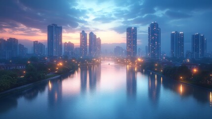 City skyline at dusk with glowing skyscrapers reflecting on a calm river, urban glowtime, serene and modern, with realistic effects, true details style