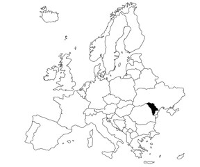 Map of Moldova Country in Europe continent on white background. single Country map highlighted by black colour on Europe map. European Continent, EU