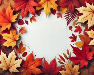 Autumn leaves in red, orange, and brown arranged around the edges, creating a natural frame with a blank background in the center. Copy space 