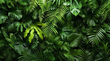 Lush green tropical background filled with a variety of jungle plants. The backdrop consists of a dense array of fern leaves, creating an exotic and vibrant atmosphere. The scene is characterized by