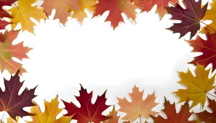 Autumn leaves in red, orange, and brown arranged around the edges, creating a natural frame with a blank background in the center. 