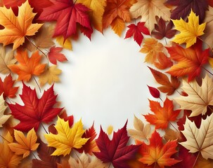 Autumn leaves in red, orange, and brown arranged around the edges, creating a natural frame with a blank background in the center. Copy space 