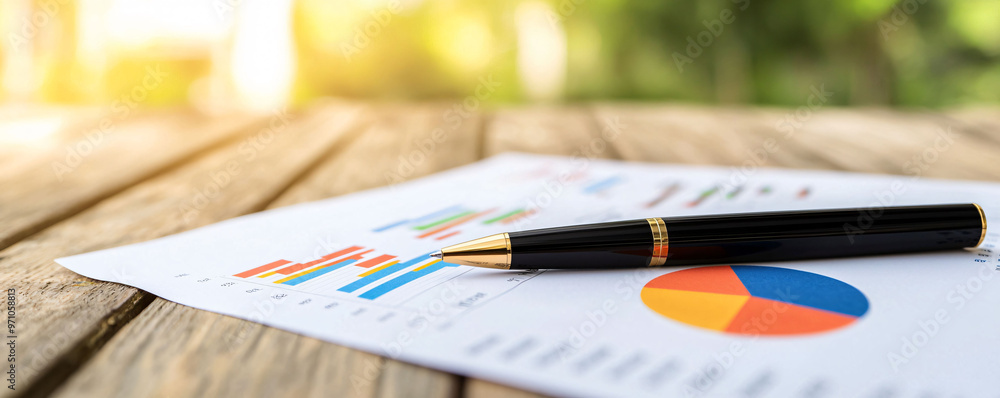 Poster close up of startup data charts and graphs on wooden table, featuring colorful bar and pie charts. s