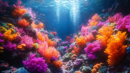 Glowing underwater coral reef scene, full of vibrant colors, marine glowtime, stunning and immersive, with realistic effects, true details style