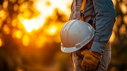 an Technician holding a white safety hard hat with sunlight in the background, highlighting occupational safety.