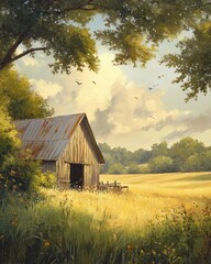 Obraz premium Oil painting depicting a rural farm scene with fields and a rustic structure in a serene setting