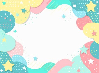 A colorful background with stars and a white frame
