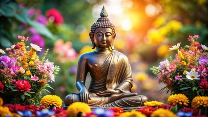 Obraz premium Thai Buddha statue surrounded by colorful flowers in a peaceful meditation setting, Buddhism