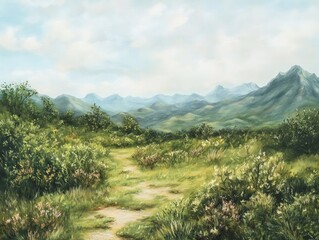 Naklejka premium Oil painting depicting a natural reserve landscape with mountains and greenery