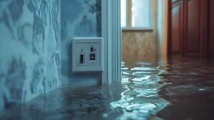 Electrical outlet submerged in floodwater inside a house, emphasizing safety concerns and the importance of home insurance