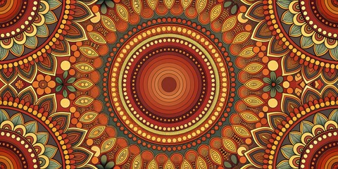 African-inspired floral mandala pattern with warm colors, circles, dots, waves, and intricate lines, African, pattern, circles