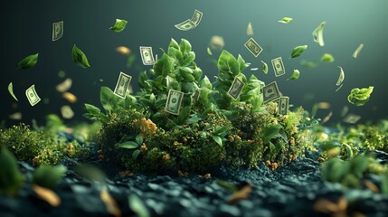 Fototapeta premium Green plant with dollar bills floating around it, symbolizing financial growth.