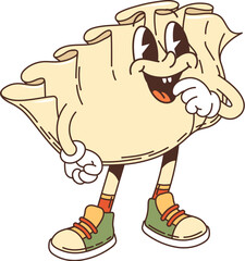 Retro cartoon gyoza groovy character with funny face, vector comic dumpling. Groovy gyoza or jiaozi character of Asian Japanese or Chinese cuisine in retro cartoon with yummy silly or freaky smile