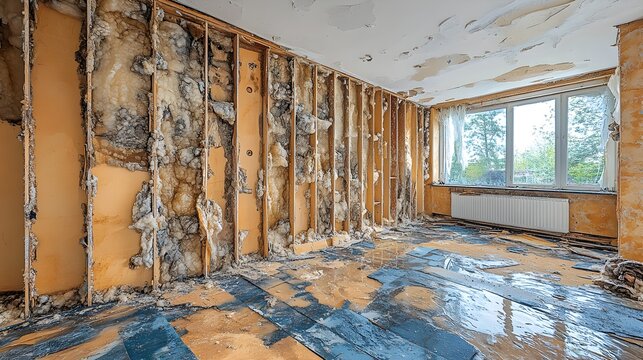 Flood-damaged interior with drywall and insulation exposed, capturing water damage for insurance claims, water splash creating a dramatic effect