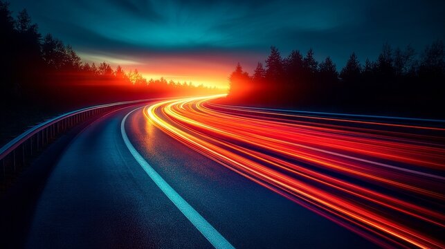 Glowing light trails from speeding vehicles on a highway, dynamic glowtime, fast and urban, with realistic effects, true details style