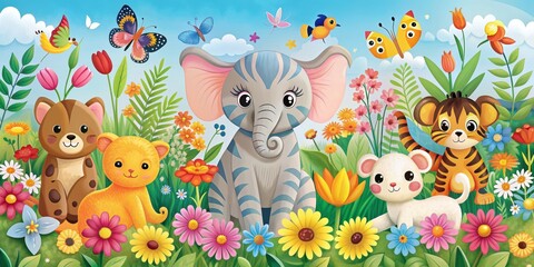 Naklejka premium Whimsical nursery art featuring cute animals like elephant, duck, cat, dog, and tiger surrounded by colorful flower power designs, nursery