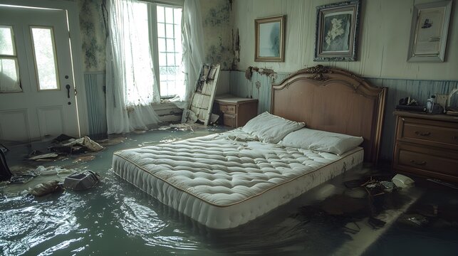 Flooded bedroom with a mattress afloat, debris scattered, and water rising, a dramatic portrayal of home destruction and insurance urgency