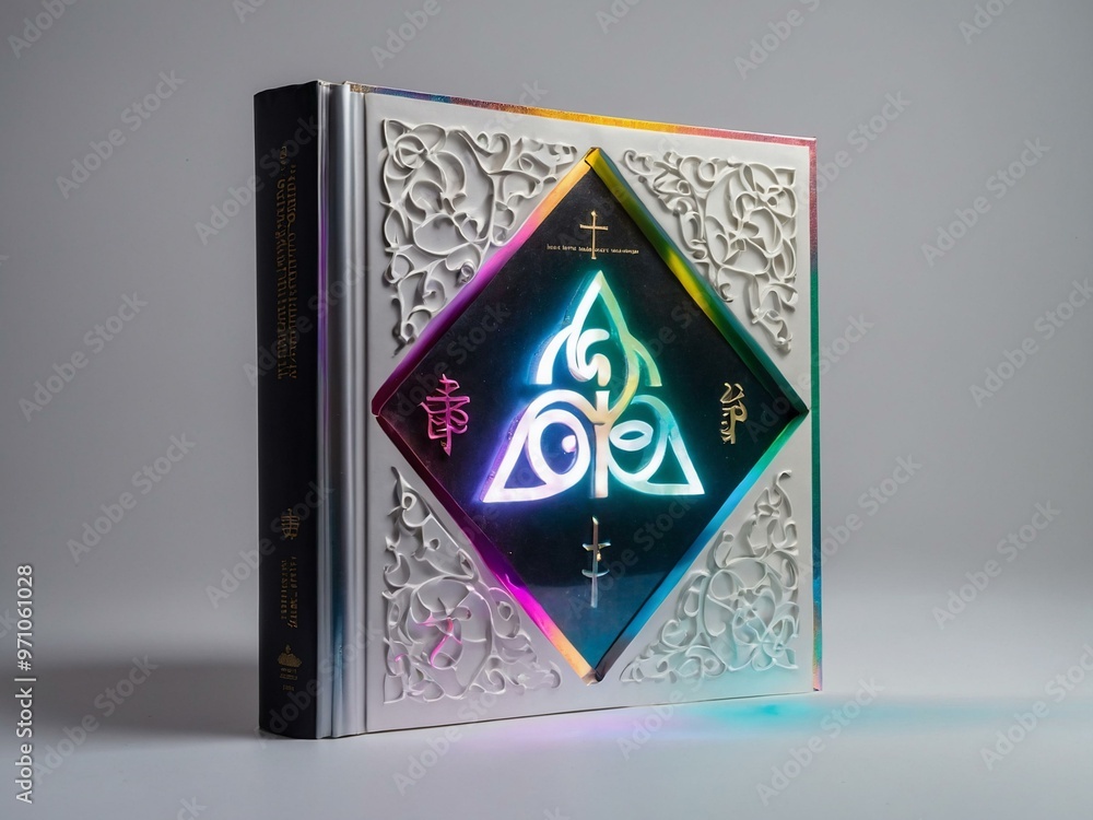 Poster enchanting holographic book with labh pancham symbol and ample copy space - floating white backgroun