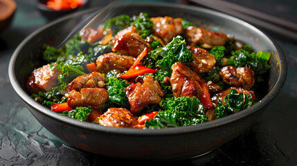Fototapeta premium Stir-fried kale vegetable with crispy pork Add fried garlicFaint smoke