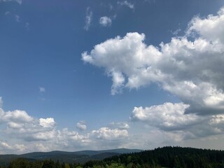 Forested landscape with blue sky and clouds