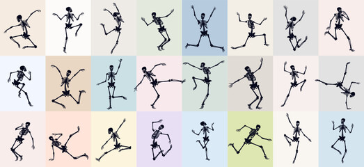 Big set of Halloween skeletons. Realistic skeletons, spooky halloween party skeleton mascots vector. Template realistic skeletons vector characters. Holidays Halloween, dance skeleton party, bones.