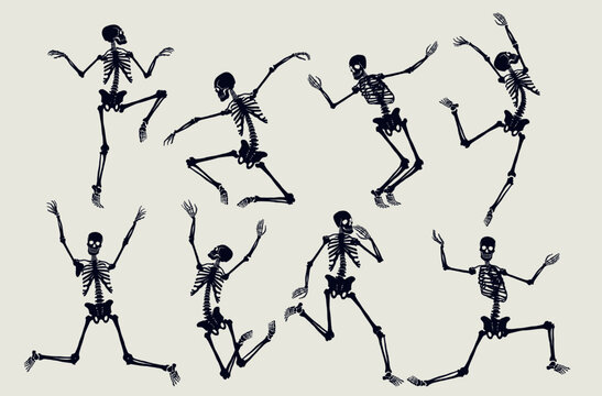 Set of skeletons dancing with different positions vector. Template dancing Halloween holidays or Day of the dead skeletons. Vector design creepy, realistic, scary human bones characters silhouettes.