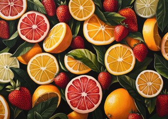 Vibrant oil painting featuring an array of citrus fruits leaves and strawberries forming a dynamic pattern