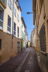 Perpignan, France - 27 August, 2024: Charming narrow streets in the old town of Perpignan, French Catalonia