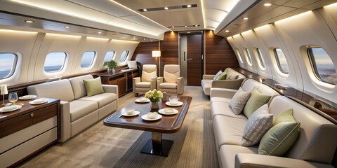 Obraz premium Luxurious private jet interior with spacious living room and dining area, private jet, airplane, aircraft, luxury