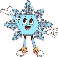 Retro groovy Christmas snowflake cartoon character for winter holiday, vector funny snow. Groovy funky snowflake with happy smile on silly face for Merry Christmas or New Year cartoon character