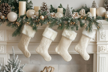 An elegant Christmas mantel decorated with stockings, garlands, and festive decorations, creating a warm and stylish holiday atmosphere