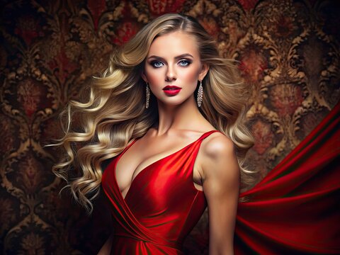 Gorgeous slender Eastern European woman with piercing blue eyes and silky blonde hair poses elegantly in a flowing red evening gown against a lavish backdrop.
