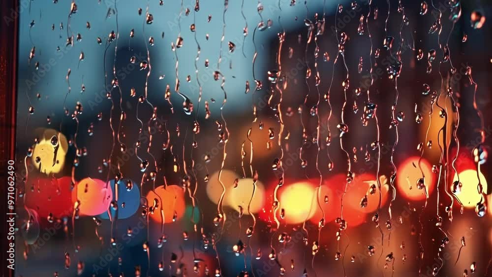 Poster water drops clinging to a window pane on a rainy night, blurring the city lights in the background a