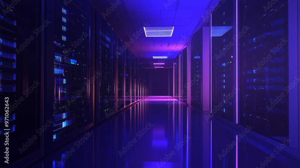 Aufkleber a 3d image of a server room, where computers exchange digital information and connect to each other.