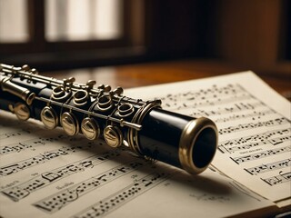 Finished oboe on a music stand. Soft background. 32k UHD.