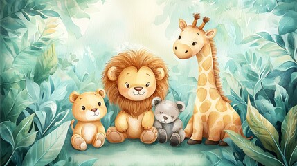 Wildlife Watercolor Art: Cute lion, giraffe, bear, and cub sitting in lush green jungle.