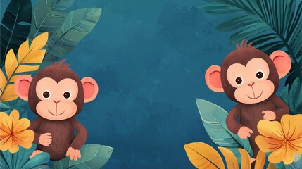 Wildlife Watercolor Art: Two cute monkeys with tropical leaves and yellow flowers on a blue background.