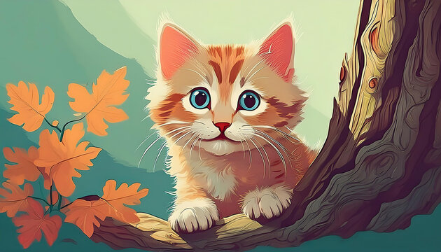  Kitten playing near a tree trunk – A charming illustration of a playful kitten exploring an_1(170)