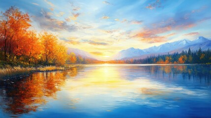 Fototapeta premium Oil painting depicting a stunning evening panorama of a tranquil lake showcasing a picturesque autumn sunset in the alpine landscape Captivating beauty of nature concept