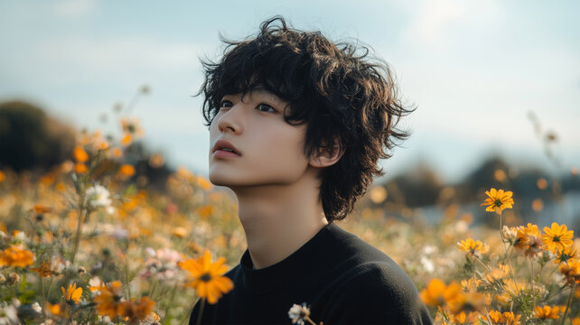 コスモスに囲まれた日本人の若者