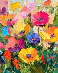 Close up oil painting of vibrant natural flowers set in a serene park environment