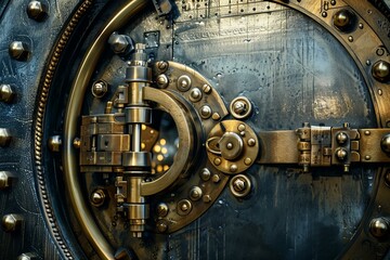 Close up of a large, intricate bank vault door mechanism, suggesting security and impenetrable protection