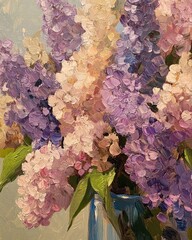 Close up oil painting of a bouquet featuring lilac flowers in a vase showcasing a detailed floral...