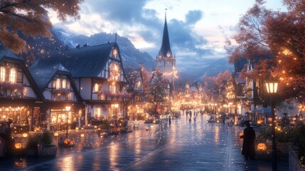 Quaint European village at dusk with Halloween decorations