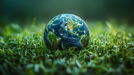 Earth globe on green grass with bokeh background, save earth concept