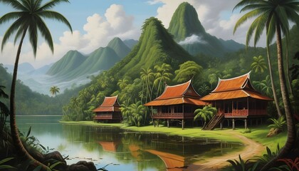 Obraz premium It is a mystical village in a misty forest with old house palace, with a beautiful lake and mountain in Malaysia
