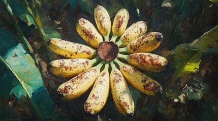 Oil painting depicting an aerial perspective of a speckled overripe bunch of bananas