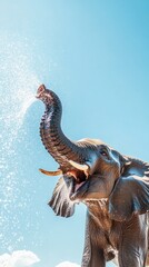 Naklejka premium A majestic elephant enjoying a sunny day, splashing water joyfully into the air, showcasing its playful spirit and beauty.